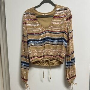 Tularosa Tan Blue Red Blush Sequin Striped V-Neck Long Sleeve Top Small